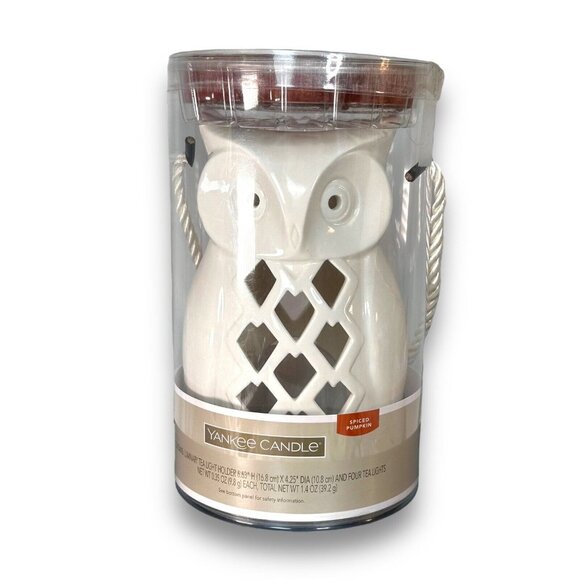 YANKEE  CANDLE 7” WHITE CERAMIC OWL W 4 PUMPKIN SPICE TEA LIGHT CANDLES NIB - Picture 1 of 10
